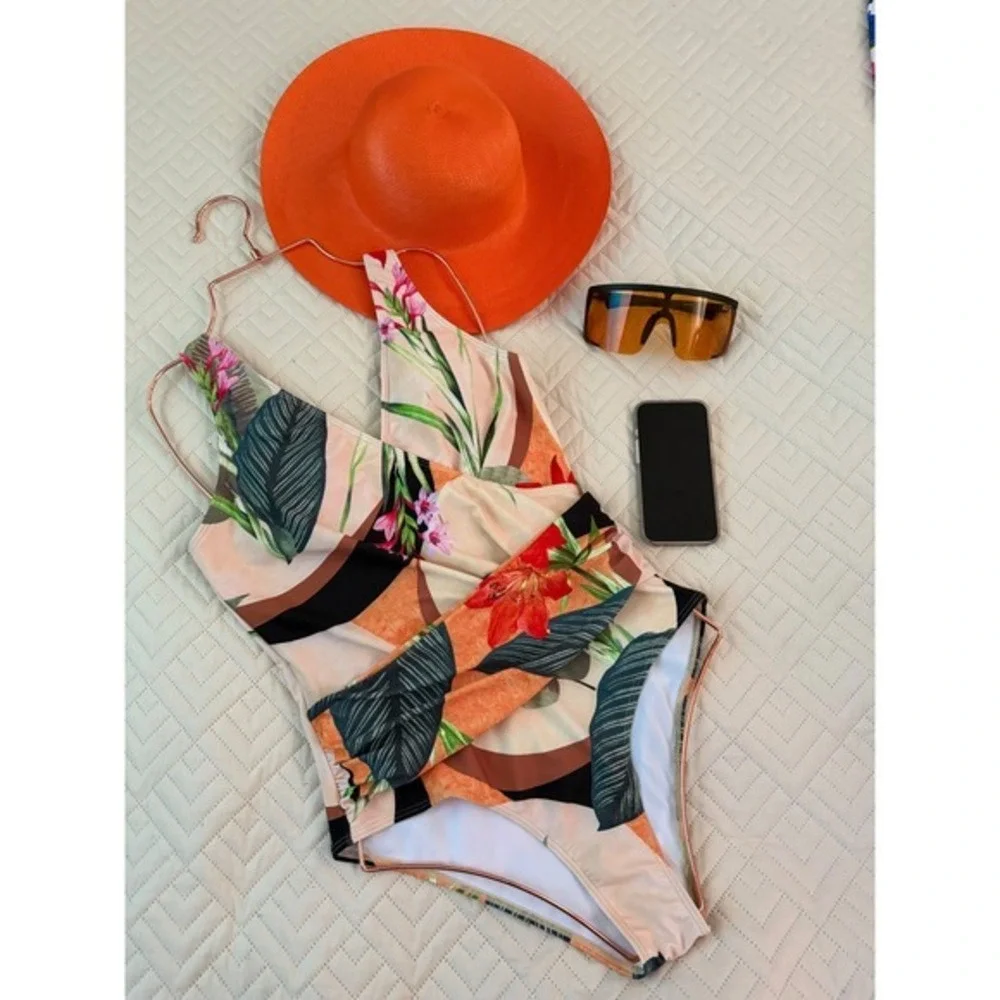 IDOPIP Floral One‎ Piece Swimsuit Padded Wrap Front Tropical Print Beachwear M